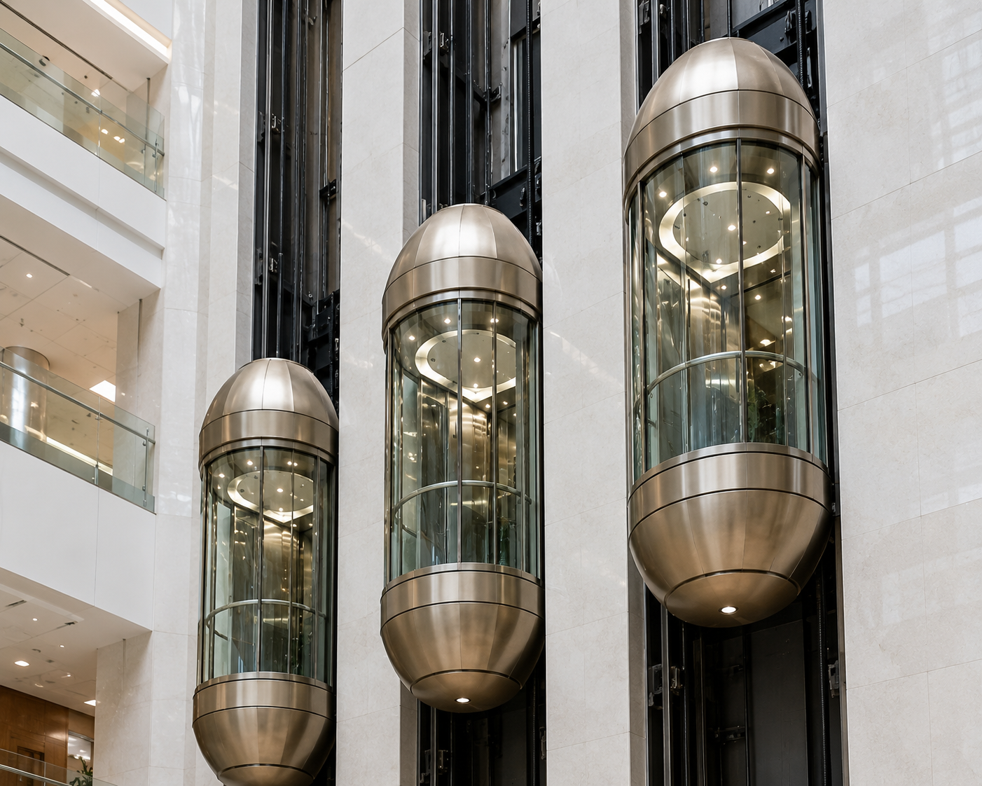 Panoramic glass capsule elevator on building exterior